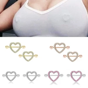 1 Pair Heart Crystal Stainless Steel Nipple Piercing Bra Body Shield Jewellery - Picture 1 of 16