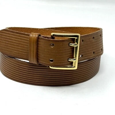 Linea Pelle Brown Leather Ribbed Belt Gold Buckle Size Medium NEW - Image 1 of 4