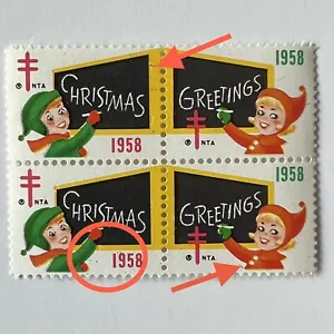 ERROR 1958 CHRISTMAS SEAL BLOCK WITH SEVERAL BLACK MARKS MNH - Picture 1 of 6