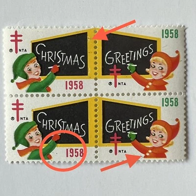 ERROR 1958 CHRISTMAS SEAL BLOCK WITH SEVERAL BLACK MARKS MNH - Image 1 of 4