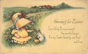 Gruß zu Ostern kleines Mädchen in Haube im Feld mit Hase 1916 Postkarte - Bild 1 von 2