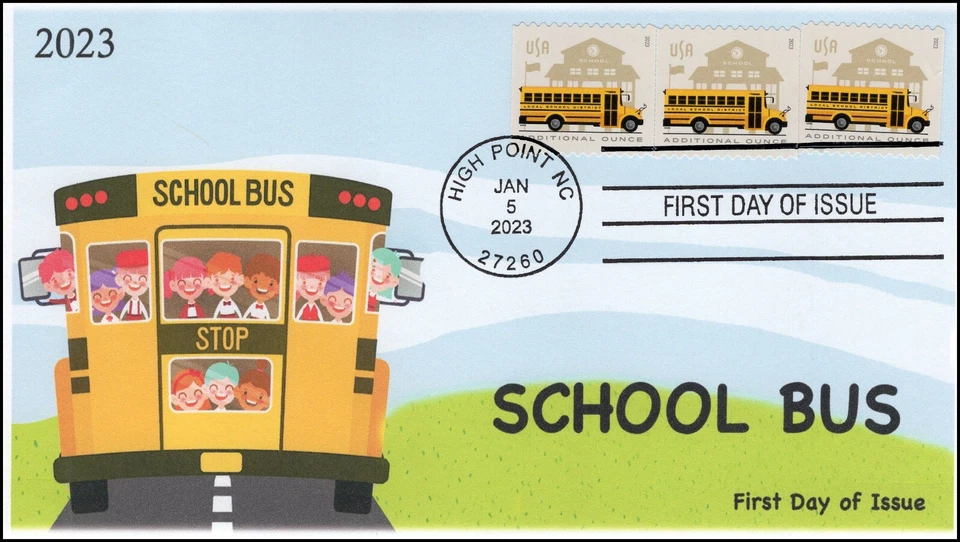 23-005, 2023, School Bus, First Day Cover, Standard 4 Bar Cancel, High Point NC, - Image 1 of 1