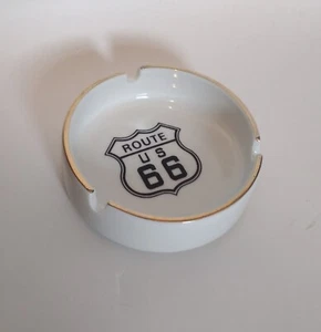Route US 66 Ashtray White Glazed Ceramic with Gold Gild Nostalgia Souvenir - Picture 1 of 5