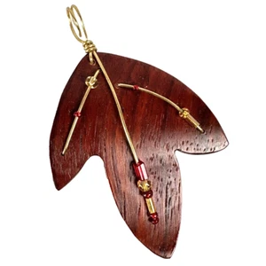 Brown Leaf Shaped Pendant Wood & Wire w/ Beads Nature Jewelry 3" Long - Picture 1 of 4