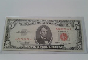 US 5 Dollar 1963 Serial # A 22227084 A Circulated Note Red Seal - Picture 1 of 6