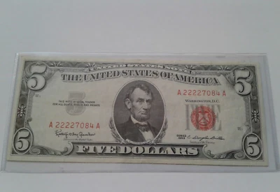 US 5 Dollar 1963 Serial # A 22227084 A Circulated Note Red Seal - Image 1 of 4