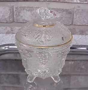 Vintage Covered Candy Bowl Dish Grapes Textured Gold Bands Jeannette Glass 50's - Picture 1 of 10