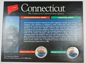 (2) 1999 Connecticut Colorized State Quarter P&D-BU Coin-w/Colorful Display Card - Picture 1 of 4
