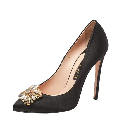 Gina Black Satin Swarovski Crystal Embellished Pumps Size 40 - Image 1 of 4