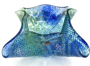 Hand Blown Art Glass Bowl/Candle Holder, Dotted Blue & Green, Ruffled Rim - Picture 1 of 11