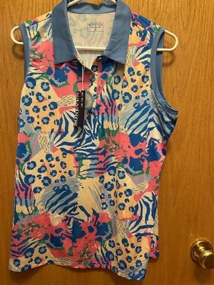 GOlf PickleBall Tennis TOP NWT Ladies XL Sleeveless Tropical Leopard Polo - Image 1 of 2