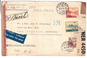 Horgen Suiza 1943 doble censura cubierta de correo aéreo registrado a Los Ángeles EE. UU. - Imagen 1 de 2