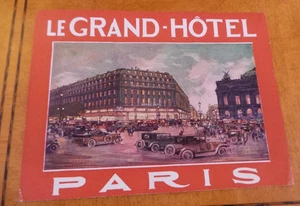 vintage Luggage Label Le Grand - Hotel, Paris, France w automobiles VG+ - Picture 1 of 2