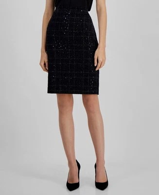 Falda lápiz Kasper para mujer negra a cuadros lentejuelas talla pequeña PL Foto 1 de 2