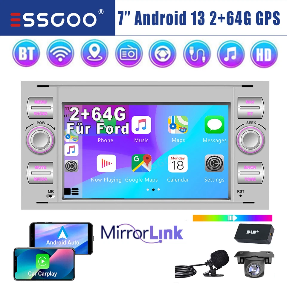 DAB+ 64G Autoradio Carplay Android 14 Navi Für Ford Transit Focus C S Max Fiesta - Bild 1 von 4