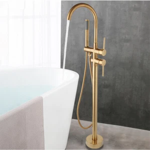 Brushed Gold Floor Mounted Bathtub Filler Handheld Shower Faucet Mixer Tap Kits - Picture 1 of 12