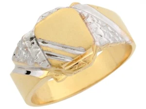 10k or 14k Two Tone Real Gold Brash Nugget Accent Stunning Mens Signet Ring - Picture 1 of 4