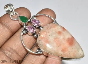 Sunstone & Kunzite Quartz Gemstone 2.6" Pendant 925 Silver Plated U493-D111 - Picture 1 of 4