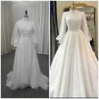 Elegant Muslim Wedding Dresses High Neck Long Sleeves Lace Flowers A Line Gowns
