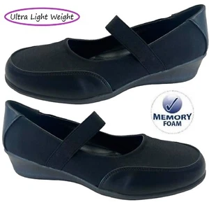 NEW WOMENS LADIES LOW HEEL WEDGE OFFICE WORK NURSE STRAP COMFY BLACK SHOES SIZE - Picture 1 of 2