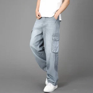 Pantaloni jeans da lavoro uomo denim cargo tasca laterale larghi invecchiati - Foto 1 di 10