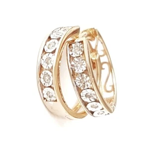 Solid 9ct Gold Diamond Huggie Hoop Earrings. Illusion Setting. 12x13mm. 9K. - Picture 1 of 12
