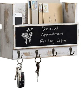 MyGift Whitewashed Wood Wall-Mounted Mail Holder with Chalkboard & Key Hooks - Picture 1 of 6