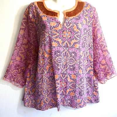 Caribbean Joe Top Woman Plus Size 1X Paisley Pullon Sequin Accents 3/4 Sleeve - Image 1 of 4