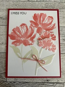 Juego de 4 tarjetas hechas a mano con flores de coral Miss You estampadas - Imagen 1 de 3