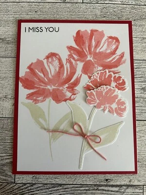 Juego de 4 tarjetas hechas a mano con flores de coral Miss You estampadas Foto 1 de 3