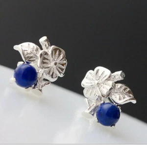 D10 Ohrringe Ohrstecker Lapislazuli blau Blätter Frucht 925 Sterlingsilber - Bild 1 von 4