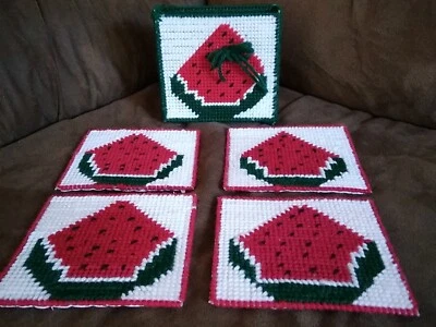 Handmade Watermelon Plastic Canvas Coaster Set Of 4 With Holder, Vintage Craft - Image 1 of 4