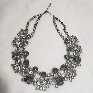 Brulee Style Brass Tone Grey Crystal Rhinestone Necklace VTG Bib Statement - Picture 1 of 7