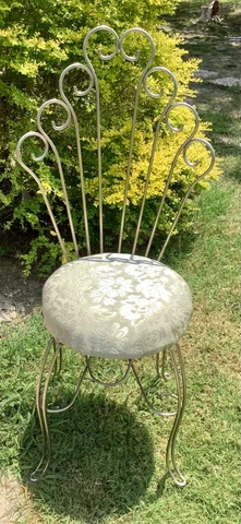VINTAGE HOLLYWOOD REGENCY mId century SCROLLED Silver Metal VANITY CHAIR seat Cover