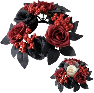 Halloween Kerzenringe Kränze schwarz rot künstliches Blatt Rose Beeren Kerzenhalter - Bild 1 von 6