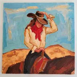 Cowgirl Painting Cowboy Western Still Original Oil Artwork Modern Decor Wall Art - Picture 1 of 13