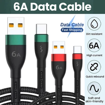USB A to Type C Fast Charger USB-C Cable Data Lead 6A For Samsung Huawei Phones - Image 1 of 4
