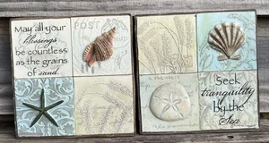 Set Of 2 Sea Shell Plaques Tiles Hanging Decor 5.5” Square Starfish Sand Beach - Picture 1 of 5