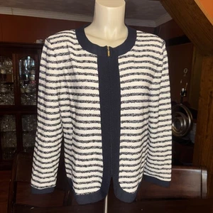 St.John Collection Strickblazer Gr. 10 schwarz/elfenbein gestreift Karriere Full Zip Jacke - Bild 1 von 18