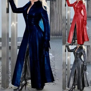 Outdoor Women Coat PU Leather Parka Punk Retro Trench 1/2 Zip Water Resistant - Picture 1 of 22