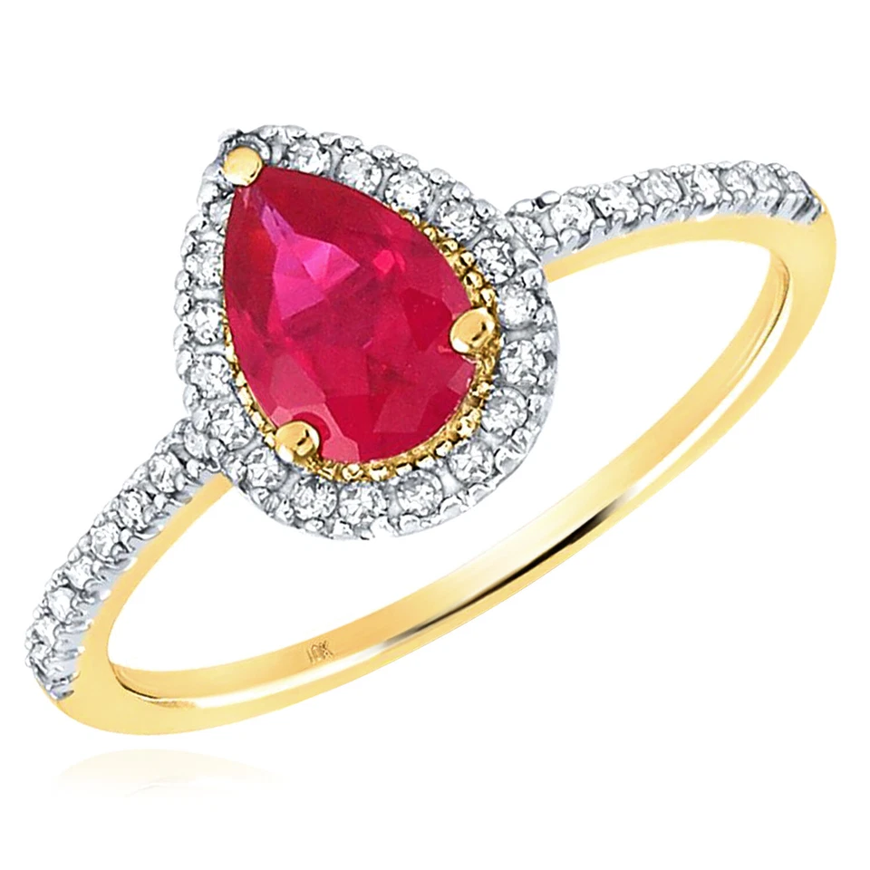 1CT Lab-Grown Pear Red Ruby & 0.15CTW Natural Diamond 10K Yellow Gold Halo Ring - Image 1 of 3
