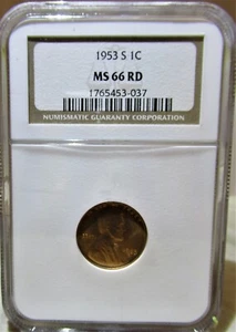 1953 S Lincoln Wheat Penny Cent NGC Certified MS 66 RD Red - FREE SHIPPING ! - Picture 1 of 4