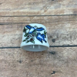 Blue Bird Flowers White Porcelain Sewing Thimble Vintage Collectible - Picture 1 of 8
