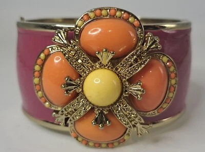 Adorable Purple Enamel Wide Bracelet Gold Color-Yellow-Orange Flower - Image 1 of 4