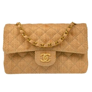 Chanel Brown Straw Small Classic Double Flap Shoulder Bag 115629 - Picture 1 of 11