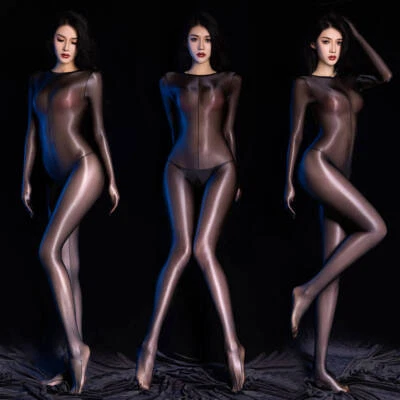 Women Sheer Oil Shiny Glossy Crotchless Bodysuit Catsuit Nylon Full Bodystocking - Photo 1/4