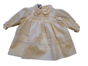 Vtg Polly Flinders Hand Smocked Dress Yellow Lace 12 Mo 80's Baby Girl Party - Picture 1 of 11