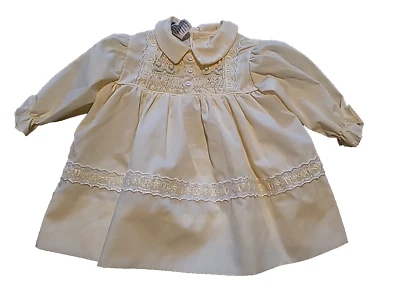 Vtg Polly Flinders Hand Smocked Dress Yellow Lace 12 Mo 80's Baby Girl Party - Image 1 of 4