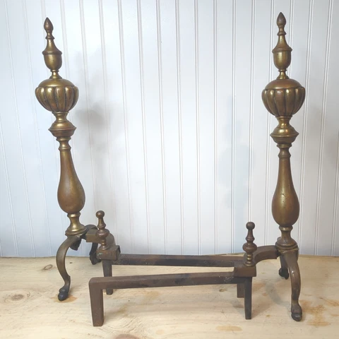 PR Vintage Brass Fireplace Andirons Large Chippendale Empire Federal H25" L18" Cover