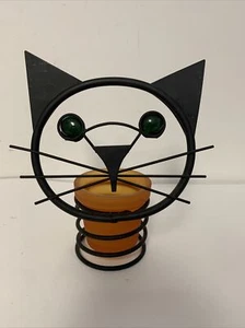 Cute Black Cat Face Votive Candle Holder  Metal Green Eyes Glass Halloween - Picture 1 of 10